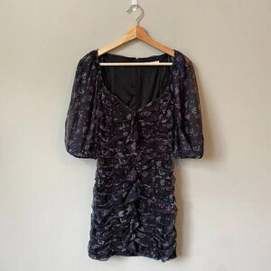 Et Clet Women's Small Puff Sleeves Ruched Floral Print Mini Dress Black Party